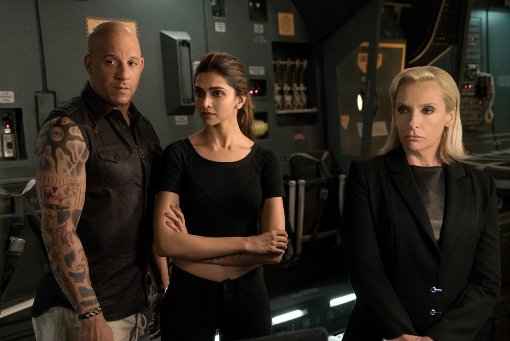 (L-R) Vin Diesel as Xander Cage, Deepika Padukone as Serena Unger, and Toni Collette as Jane Marke in xXx: RETURN OF XANDER CAGE by Paramount Pictures and Revolution Studios